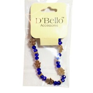 D'Bello Accessories Hand of Fatima Hamsa Charm Bead Bracelet Blue Gold